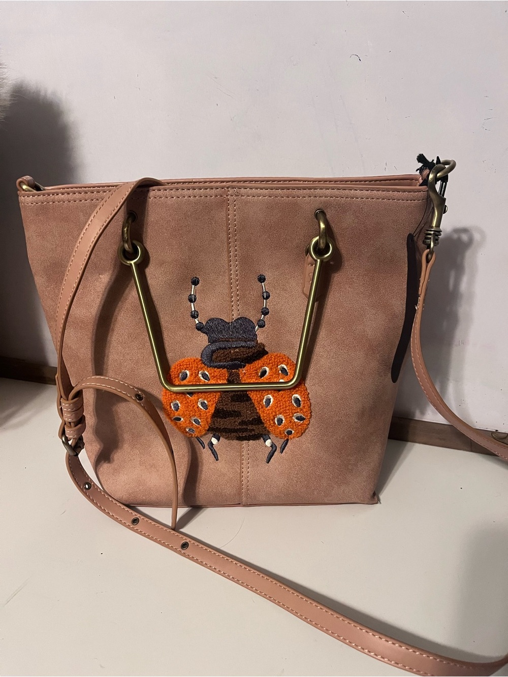 NWT Elle Jae Suede Crossbody Bag with Embroidered Beetle - Pink